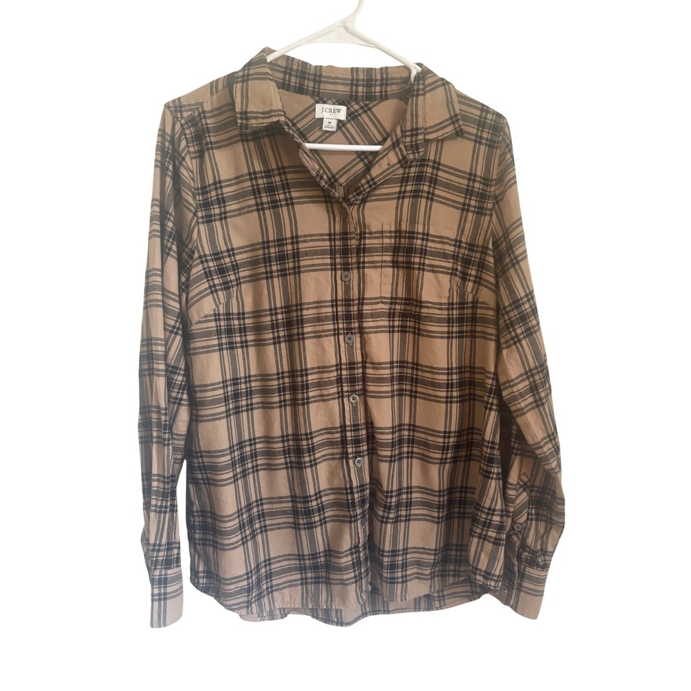 J.Crew Womens Tan Black Plaid Soft Cotton Button Down Shirt Long Sleeve Size M
